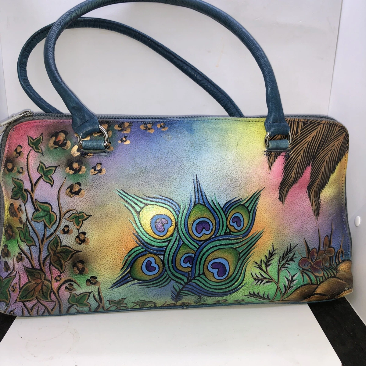 Hand Painted Feather-Themed Leather Sling Bag from India