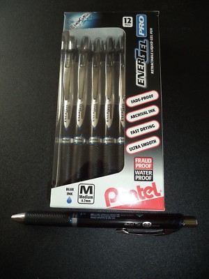 12 PENTEL EnerGel PRO BLUE FRAUD & WATER PROOF INK Gel Pens 0.7 mm BLACK barrel