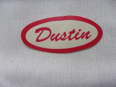 DUSTIN  USED ALL SILK SCREEN  SEW  ON NAME PATCH TAGS OVAL RED ON WHITE