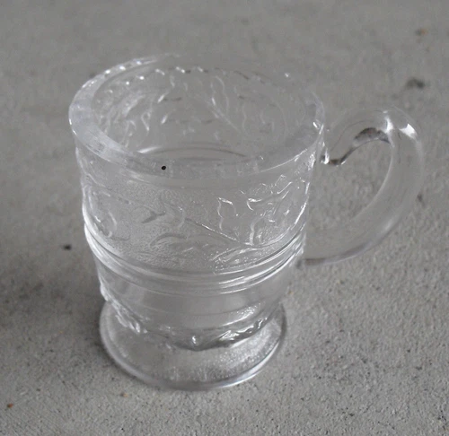 Antique Small American Pattern Glass Mug with Leaf and Flowers 2 3/8" Tall Look
