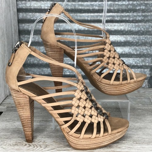 B Makowsky Anna Sandal Taupe Leather Weave Platform Formal Shoe Zip Heel Size 6 - 第 3/9 張圖片