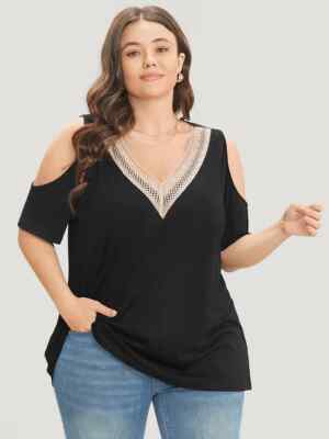 Bloomchic Plain Cold Shoulder Contrast Lace T-Shirt Black 14-16
