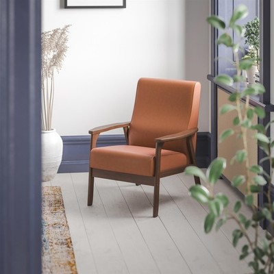 Mid-Century Modern Cognac LeatherSoft Arm Chair with Wooden Frame and Arms