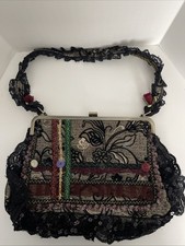 Vtg Boho Chic Lace Sequined Flowers Handbag/Purse Multi-Color
