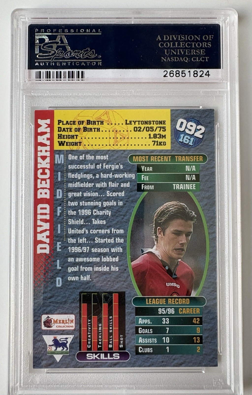 1996 Merlin’s Premier Gold David Beckham #092 RC PSA 9 view 2