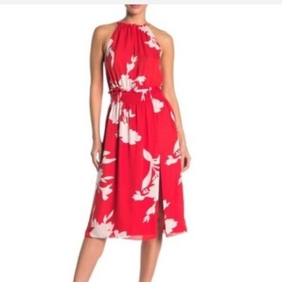 Joie Red White Floral Silk Halter Midi Dress Smocked Waist Tropical Resortwear S