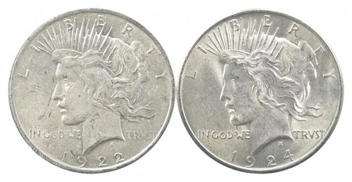 1922 & 1924 Peace Silver Dollar $1 Bullion Collection Lot *175