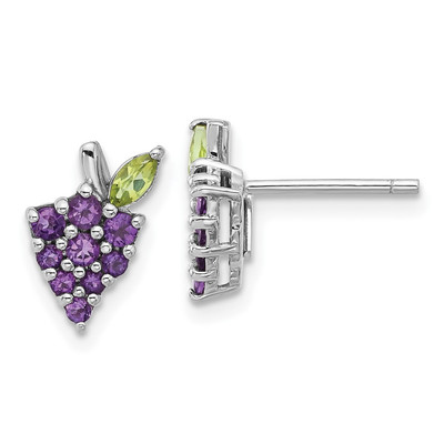 Sterling Silver Rhodium-plated Amethyst and Peridot Grape Stud Earrings