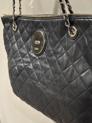DKNY Shoulder Bag Quilted Black Soft Lambskin Leather Tote Gold Chain Strap Logo