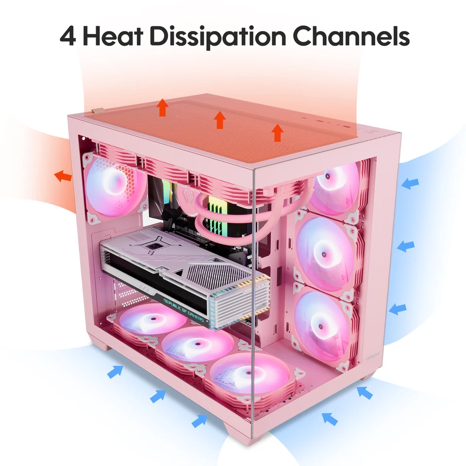 Vetroo AL900 Pink ATX Mid Tower PC Case Tempered Glass w/ x1 ARGB & PWM Fan - Image 4 of 4