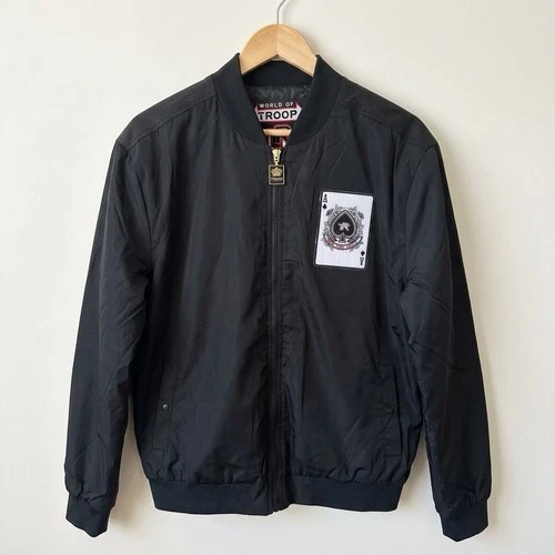 World of Troop Mens M High Roller Poker Card Bomber Jacket Black Satin NWT - product listing photo