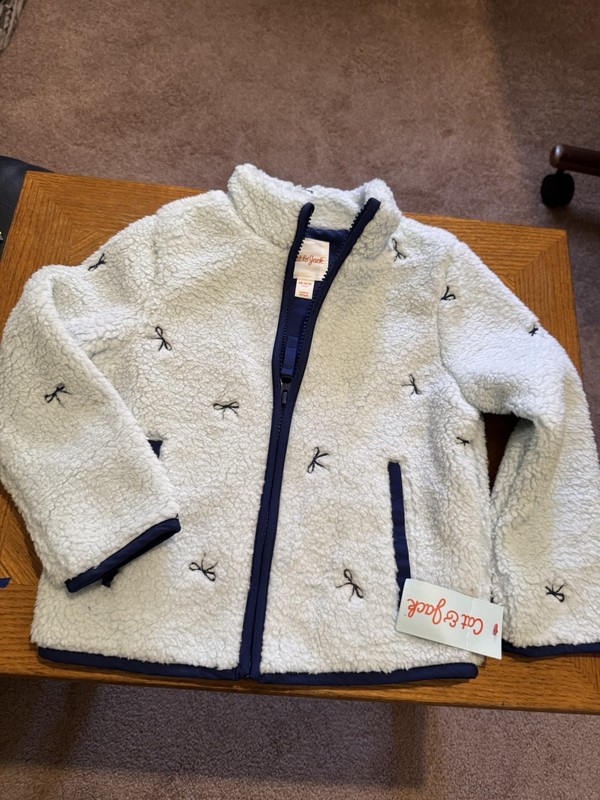 Cat & Jack Girls 2T White/Blue Sherpa Fleece Full-Zip Jacket Pockets Embroidered