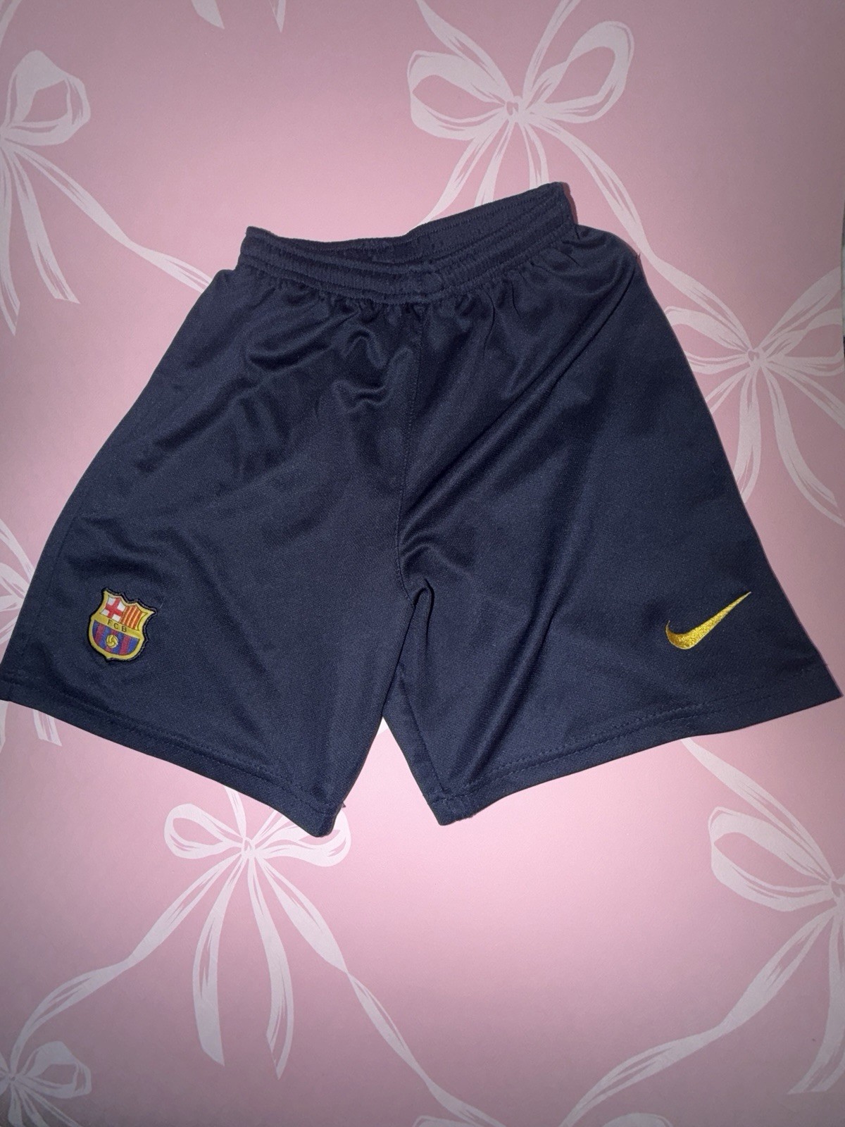 Nike FC Barcelona Soccer Shorts Navy/Yellow Swoosh Club Crest