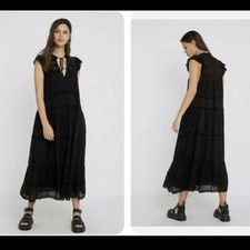 Free People Black Lace Tiered Maxi Dress Short Sleeve V Neck Tie Neck Size S/P