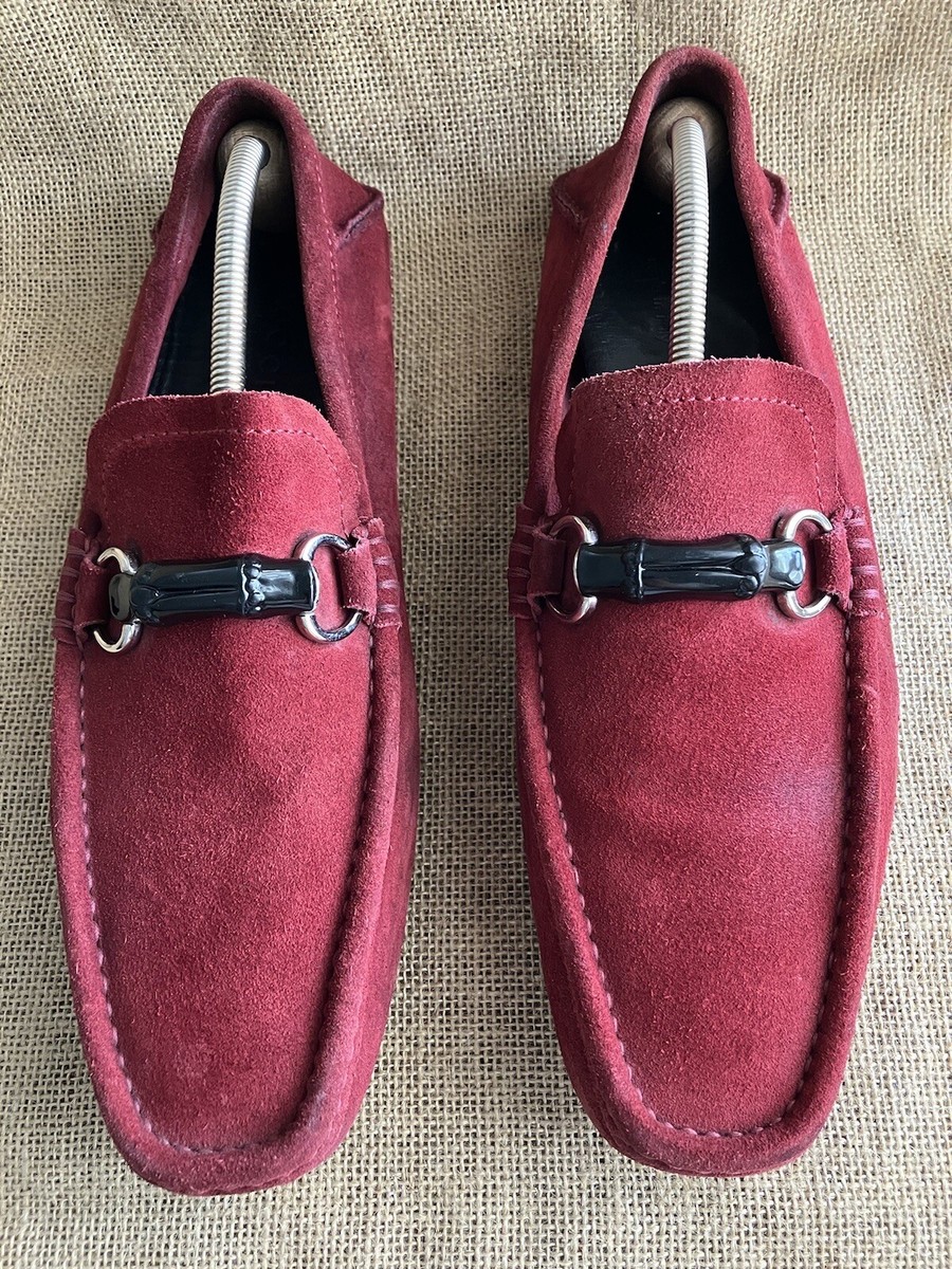 Gucci Bamboo Red Suede Horsebit Driver Loafers Size UK 9.5 G || US