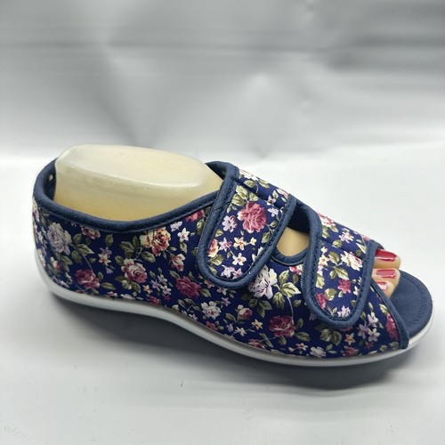 Unbranded Women Blue Floral Print Size 8 M Comfort Hook Loop Adjust Open Toe - Picture 2 of 11
