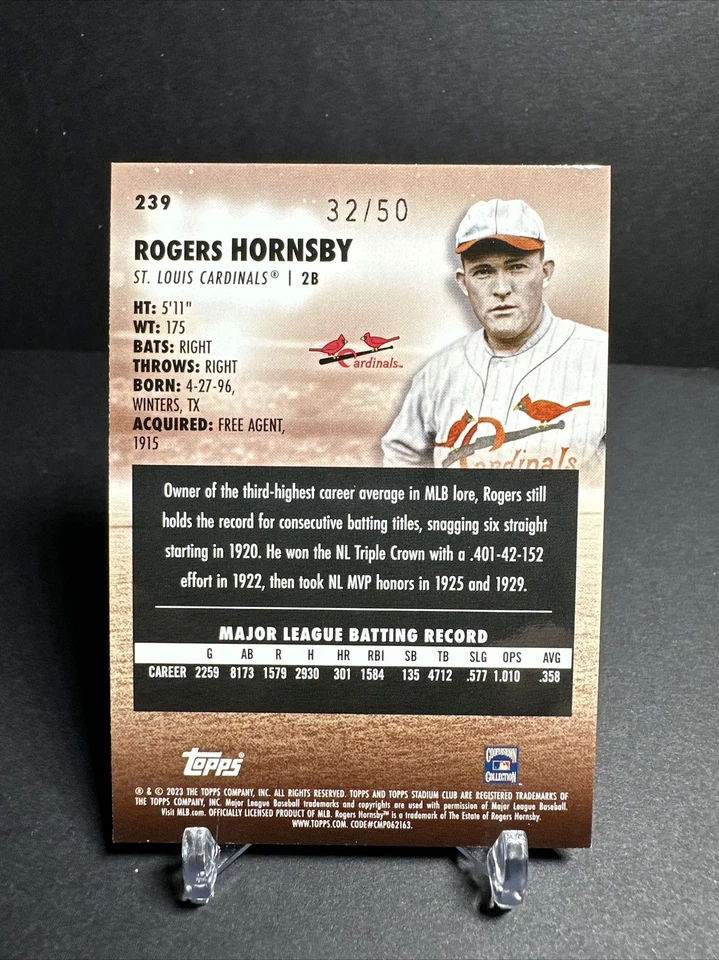 2023 Topps Stadium Club #239 Rogers  Hornsby Blue Foil Parallel #32/50 Cardinals - Image 2 of 3