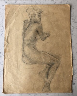 TOOBY BURTON YELLOWSTONE ARTIST PENCIL SKETCH PORTRAIT STUDY SEATED NUDE FIGURE