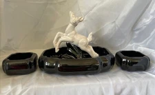 Vintage Rosemeade Pottery~White Leaping Deer~Black Console Bowl~Candle Holders