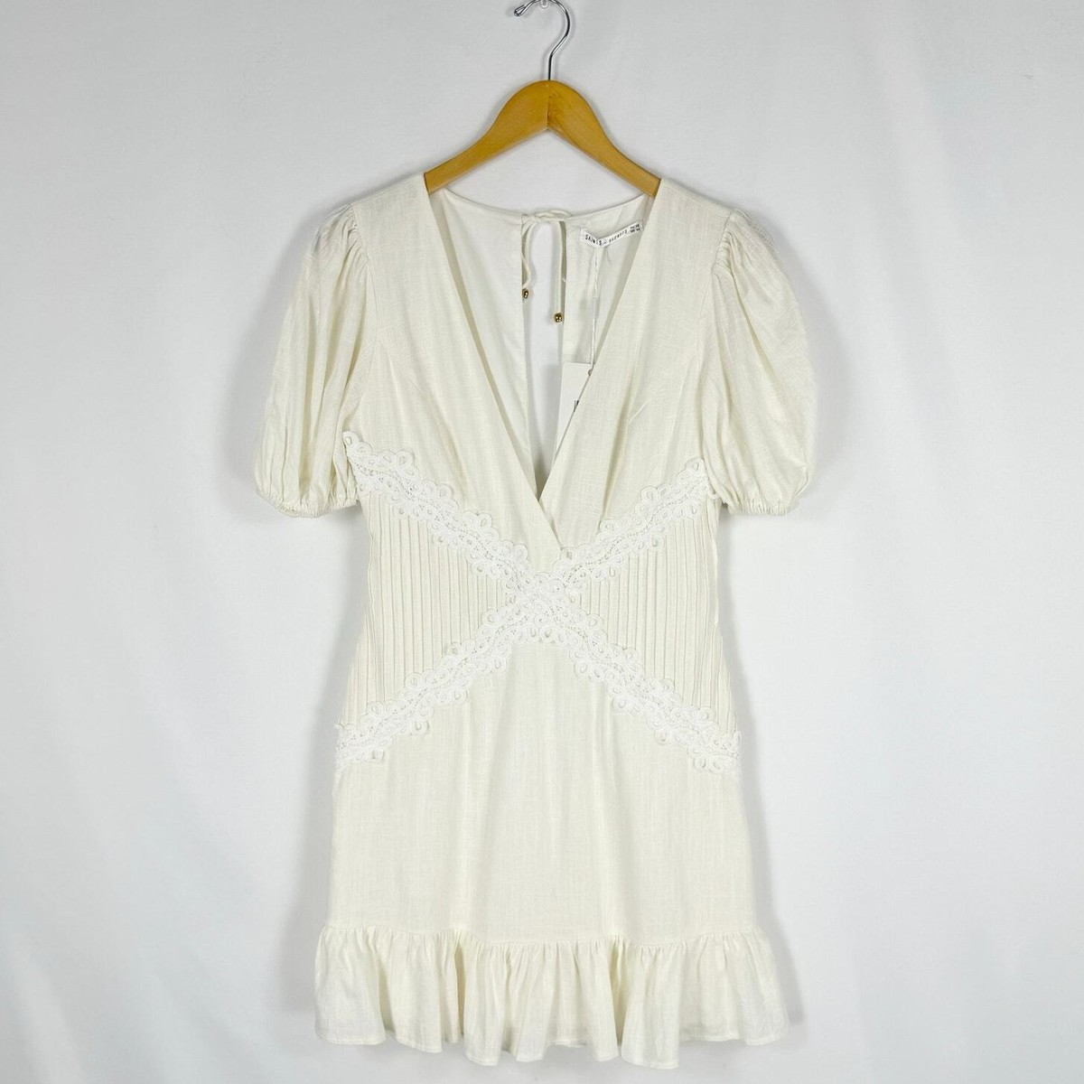 Saints Secrets Womens Linen Pintuck Lace Mini Dress Medium Off