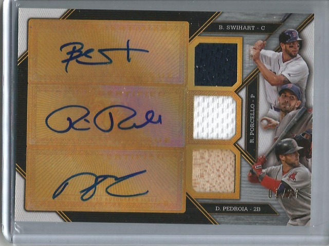 Blake Swihart-Rick Porcello-Dustin Pedroia Triple Autograph Jersey-Bat #01/27