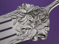 Sterling DURGIN 8 5/8" Meat Serving Fork NEW ART 1899 w/ elaborate Lily motif
