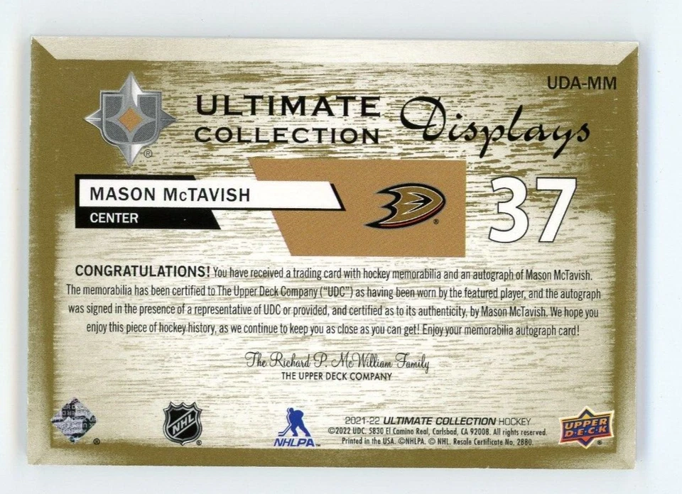 2021 Upper Deck Ultimate Mason McTavish Auto RC /35 Rookie Autograph Displays SP - Image 2 of 2