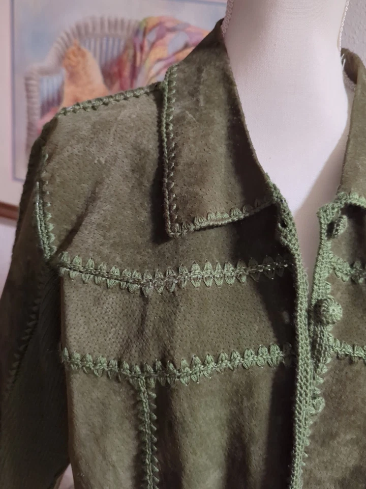 Selene Sport 绿色复古皮革拼布纽扣夹克 16 码女式 — 第 2/4 张图片