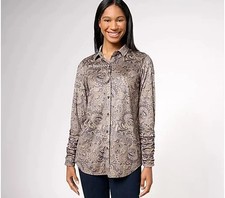 Susan Grave Printed Faux Suede Knit Long-Sleeve Shirt Taupe/Grey XS A610408