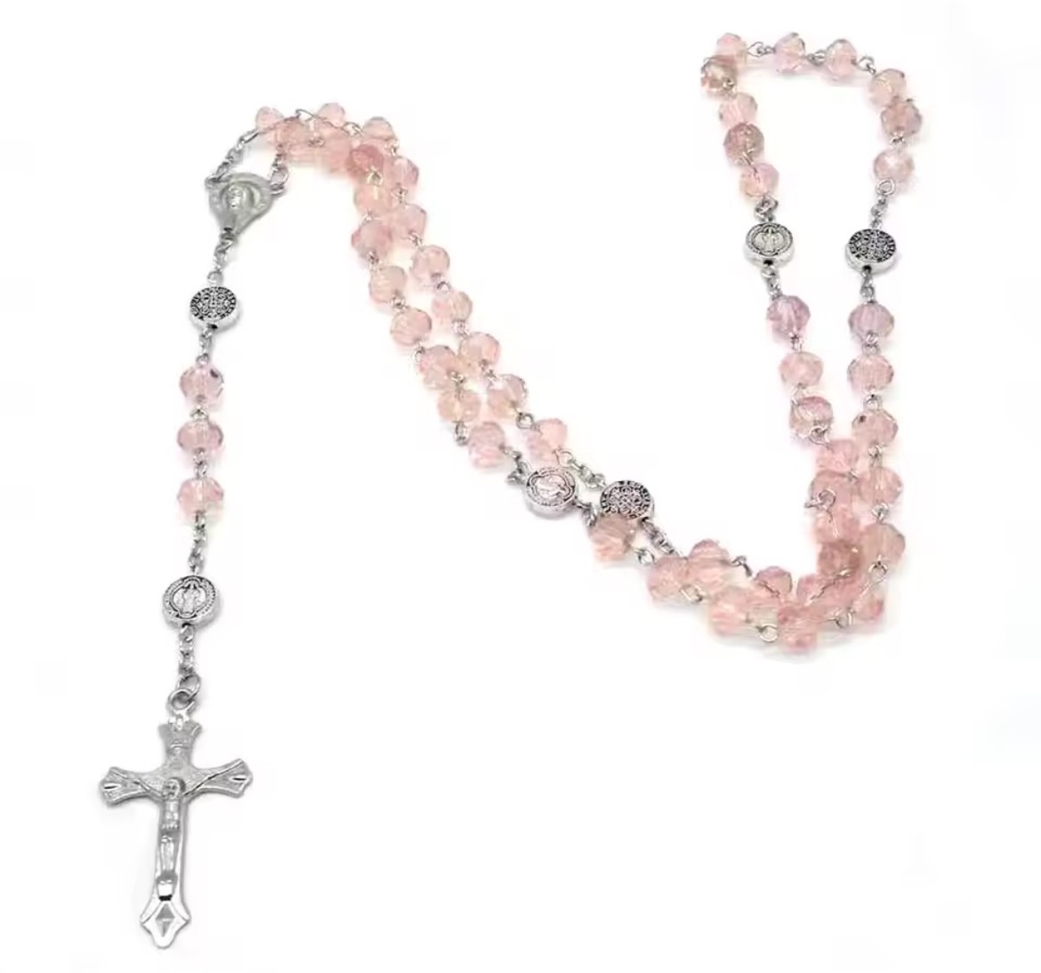 Light Pink Crystal Rosary Beads Necklace with Crucifix for Catholics - New — image 3