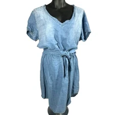 Cloth & Stone Chambray Dress Large Short Sleeves Belt V-Neck Scalloped Hem