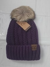 C.C Thick Cable Knit Faux Fuzzy Fur Pom Fleece Lined Skull Cap Cuff CC Beanie