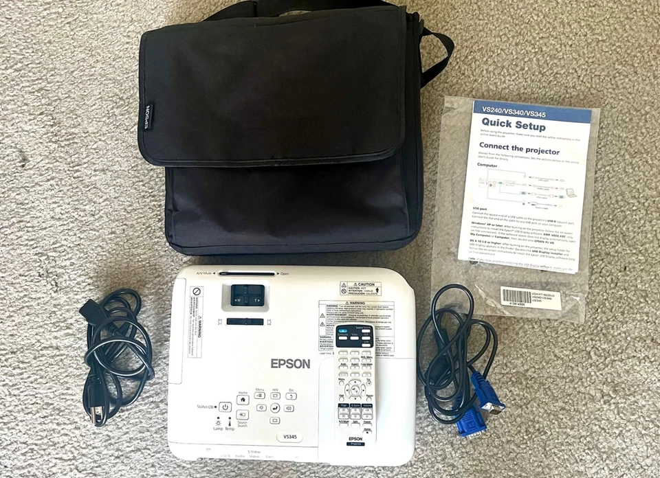 EPSON VS345 WXGA 3LCD Projector 198 Lamp Hours w/ Bag- Remote- Cables-Tested - Image 2 of 4