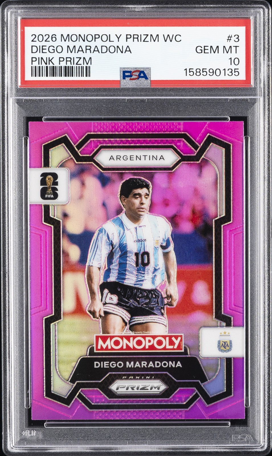 2026 PANINI PRIZM MONOPOLY FIFA WORLD CUP PINK DIEGO MARADONA 115/199 PSA 10 view 1