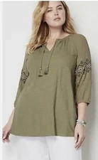 J. Jill Tunic Green Mixed Media Embroidered Boho Peasant Tassel Size 1X Fall
