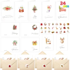 24 Pack Christmas Cards Envelopes Stickers 12 Designs 4x6 Holiday Greeting Sets!