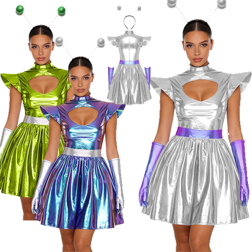 Women Dress Fashion Set Cutout Costume Party Cosplay Shiny Outfits Future  Neck