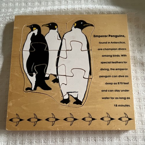 Rare Vintage 3 Layer Wooden Emperor Penguins Board Puzzle with Penguin Facts