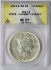 1921 Peace Dollar $1 AU 58 Details Harshly Cleaned ANACS