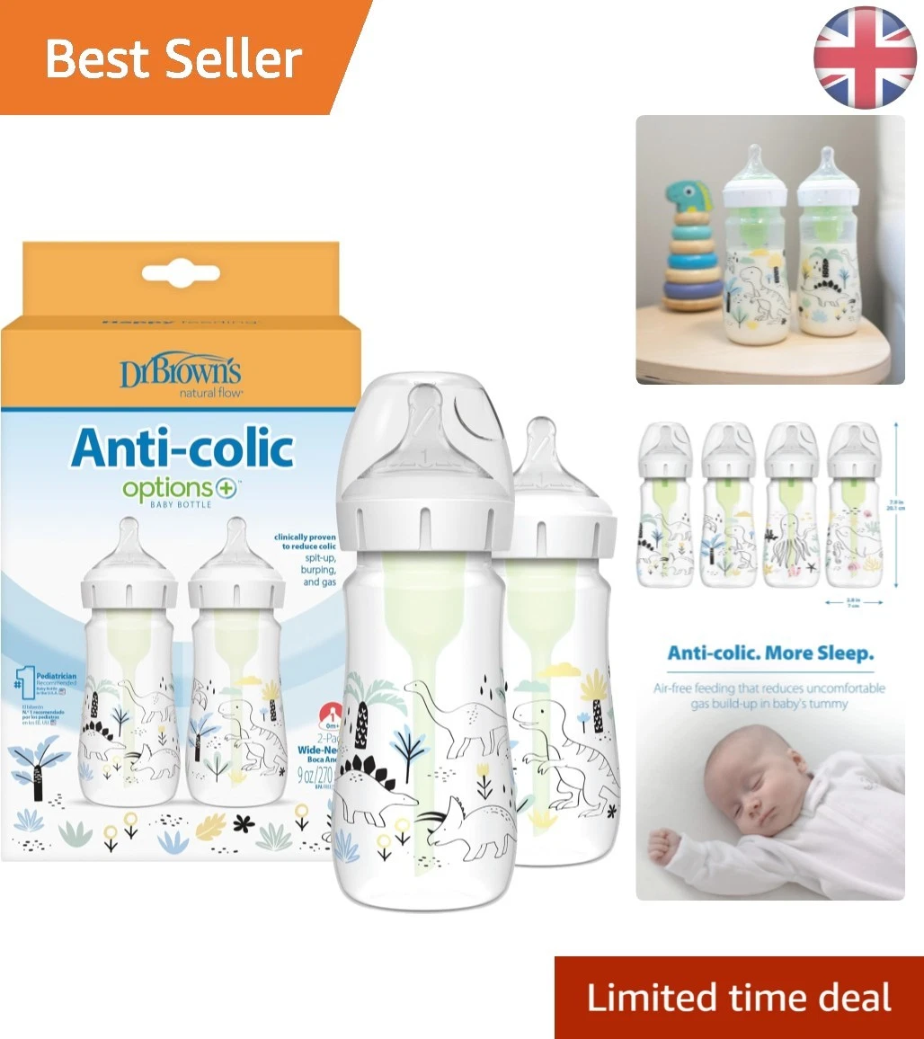 9oz Dr. Brown's Anti-Colic Baby Bottle Set - Dino Decos, Newborn Friendly Design