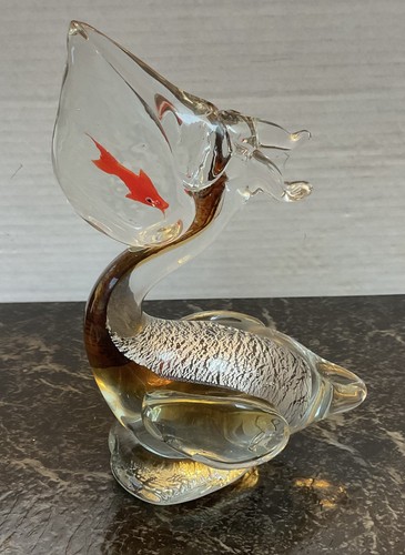 Vintage - Murano Art Glass - Pelican Figurine with Red Fish 8”