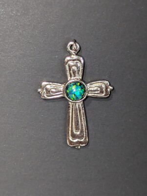 Vintage Wheeler Manufacturing Opal Chip Cross Pendant Silver Plated