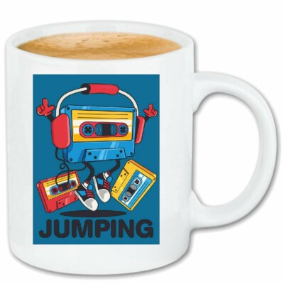 Kaffeetasse JUMPING MUSIKKASSETTE KASSETTENREKORDER KOPFHÖRER RETRO TECHNO JAZZ