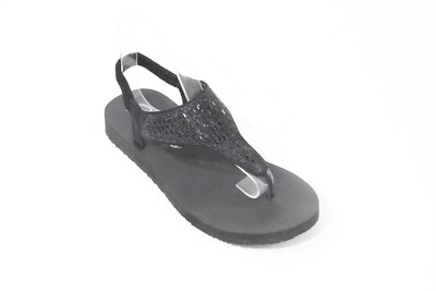 Skechers Sandals Women Black Flip Flops sz Crystals Toe Post