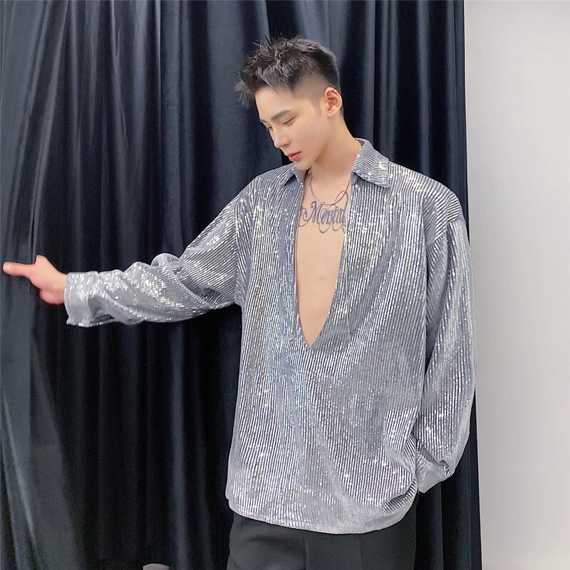 Camisa masculina de lantejoulas decote em V profunda boate manga comprida moda tops bar cantor nova - Imagem 4 de 4