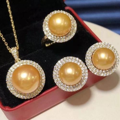 Gorgeous AAAA+ 9-10mm South Sea Golden Stud Pearl Pendant Earring Ring Set 925s.