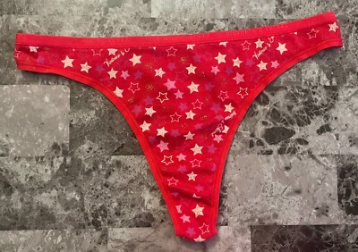 VICTORIA'S SECRET XL RED WHITE GOLD STAR 100% COTTON VINTAGE RARE THONG PANTIES