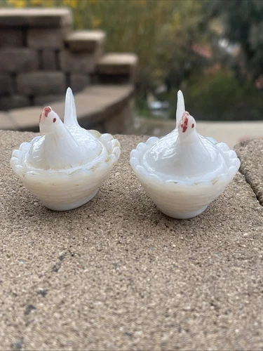 Vintage Glass Hen on Nest Covered Candy Dish White Milk Glass 2” Lot Of 2