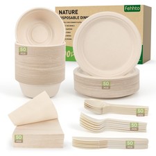 300PCS Compostable Sugarcane Plates Bowls Utensil Napkins