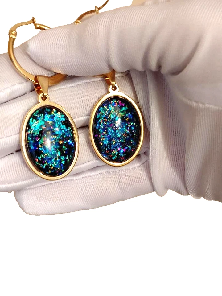 Pendientes de ópalo 18x25 mm resina ópalos de fuego azul real en acero inoxidable 18 quilates GP Foto 2 de 4